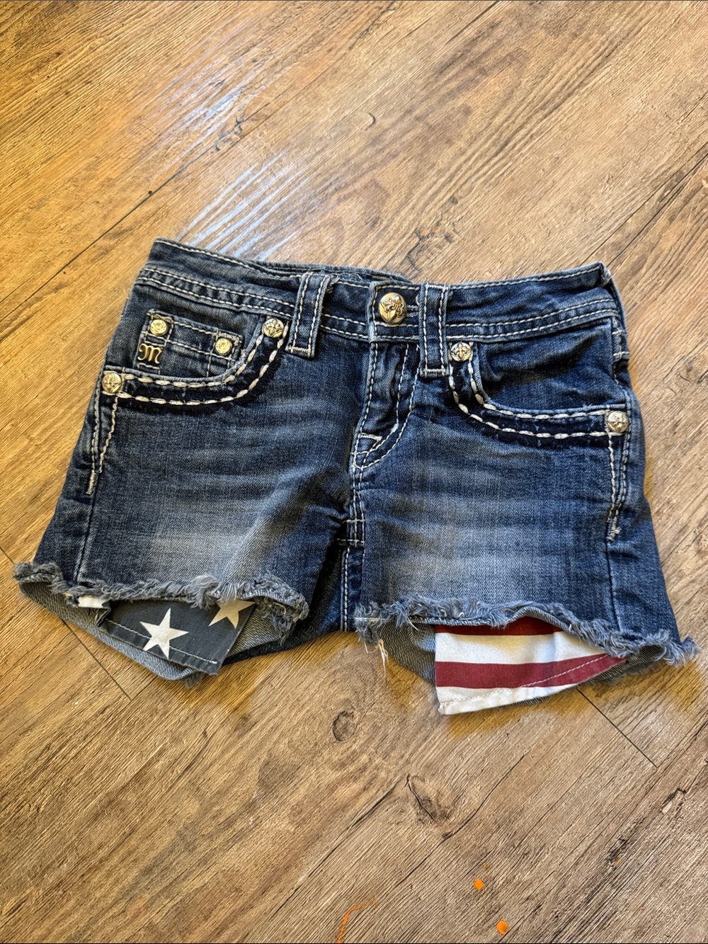 Miss Me Dark Blue Denim Shorts with Star & Stripe Trim